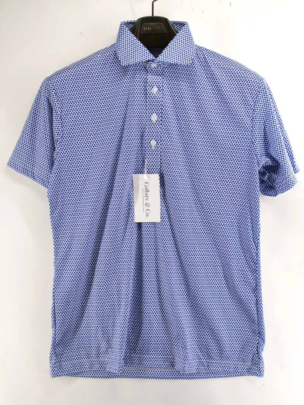 Collars and Co Mens Dress Collar Stretch Polo Shirt Size Small Blue Geometric